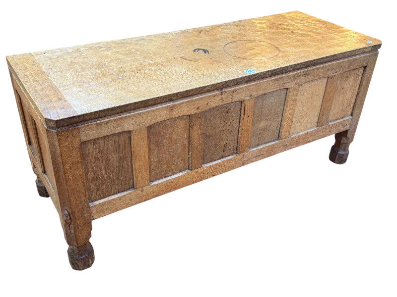 Robert Thompson of Kilburn 'Mouseman' adzed oak and panelled blanket box, 47cm by 105.5cm by 40cm.