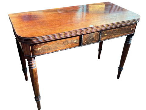 Victorian mahogany and satinwood inlaid fold top tea table on ring turned...