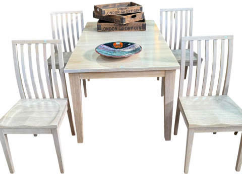 Treske rectangular table with leaf and four rail back dining chairs in...
