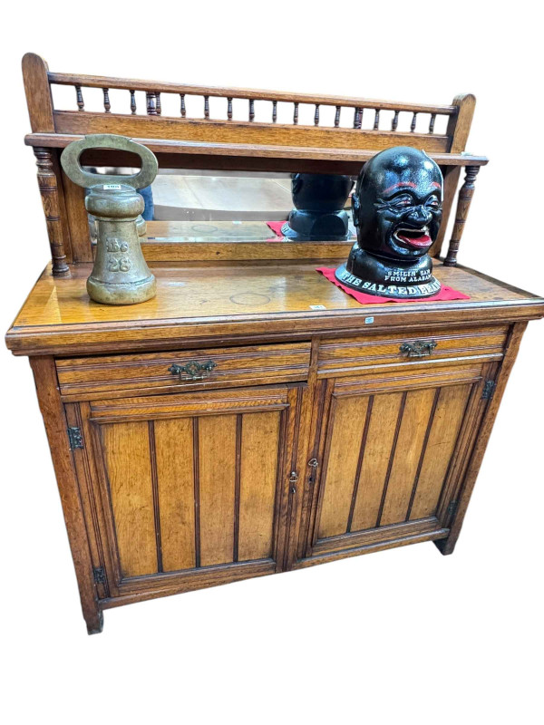 Late Victorian oak mirror backed side cabinet, 138cm by 122cm by 47cm.