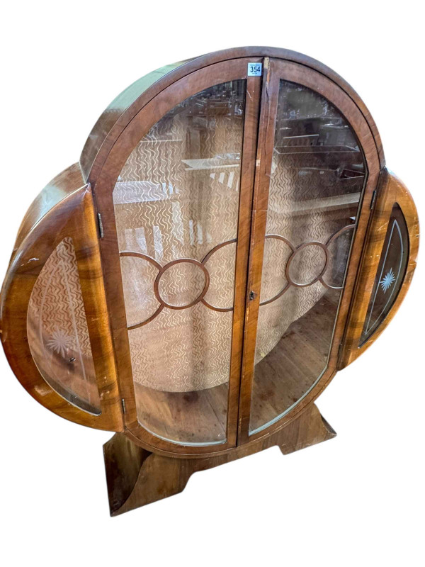 Art Deco circular walnut two door china cabinet, 137cm by 121cm by 31cm.