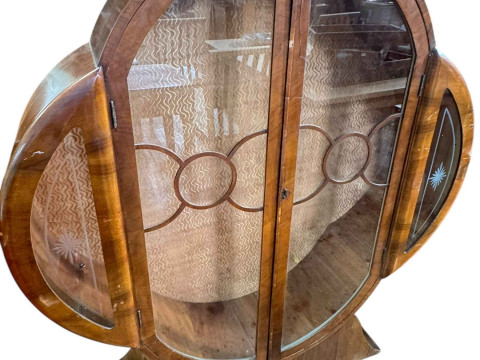 Art Deco circular walnut two door china cabinet, 137cm by 121cm by 31cm.