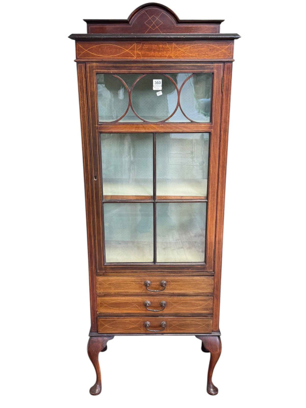 Edwardian mahogany and line inlaid combination china music cabinet having single glazed door above three fall front drawers on cabriole legs, 167cm by 60.5cm by 36cm.