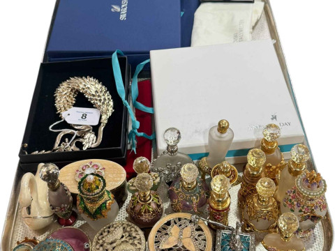 Collection of scent bottles, Swarovski and other jewellery, etc.