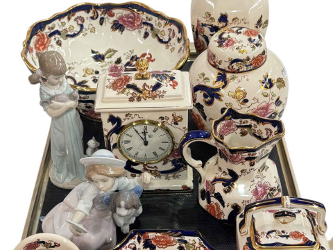 Two Lladro figures and collection of Masons Mandalay including clock,...