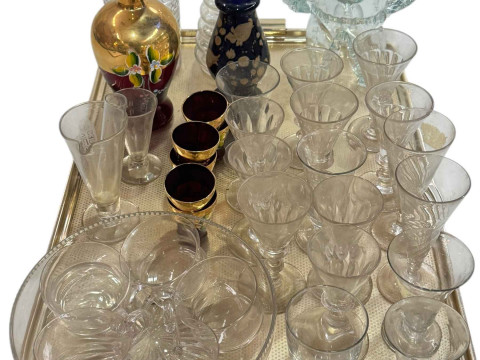 Collection of 19th Century and later glass including decanters, wine glasses,...