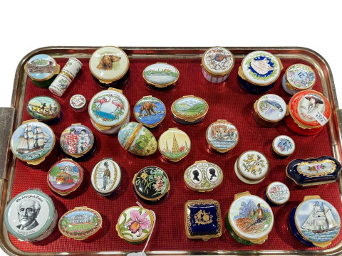 Collection of enamel decorated boxes including Halcyon Days.