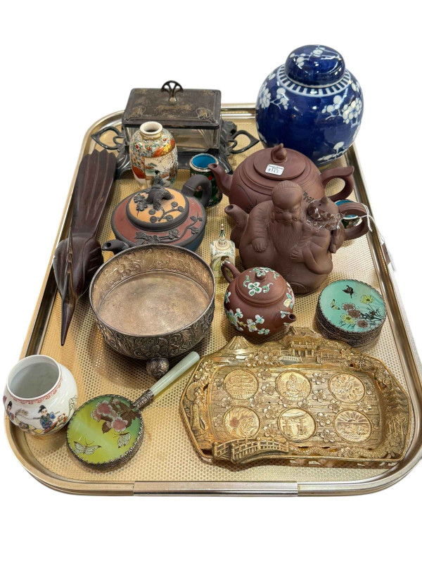 Collection of Oriental items including prunus ginger jar, four Chinese teapots, Art Nouveau butter dish, etc.
