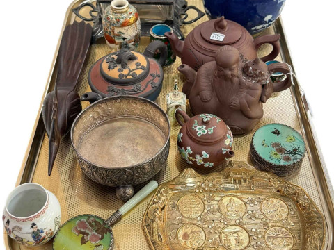 Collection of Oriental items including prunus ginger jar, four Chinese...