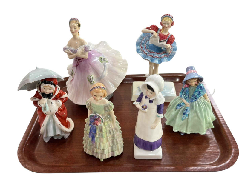 Six Royal Doulton figures including The Little Bridesmaid, Lily, Coppelia, The Ballerina, Miss Muffet and Anne.