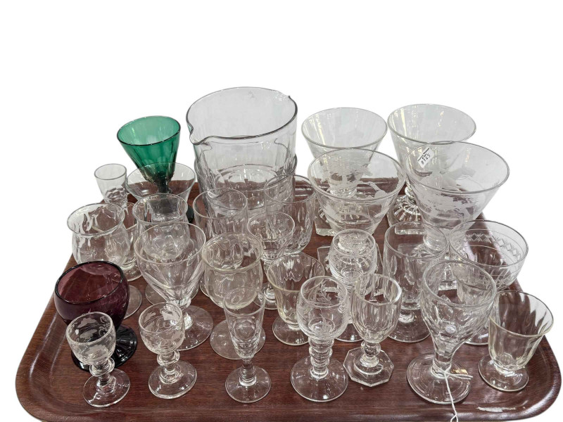 Collection of drinking glasses including set of four hunting scene etched goblets.