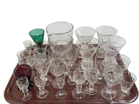 Collection of drinking glasses including set of four hunting scene etched...