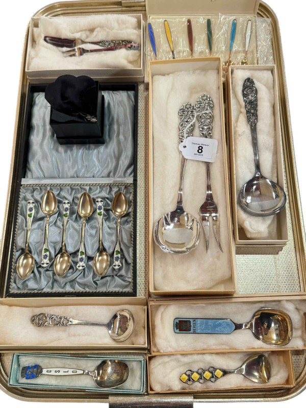Norwegian and Sterling Silver spoons including two sets of enamel coffee spoons.