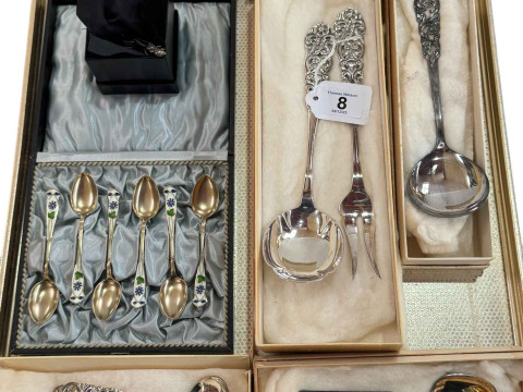 Norwegian and Sterling Silver spoons including two sets of enamel coffee...