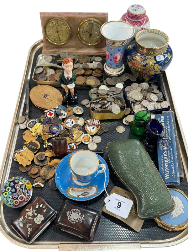 Carlton lustre vase and other china, collection of coins and badges, Millifiori paperweight.