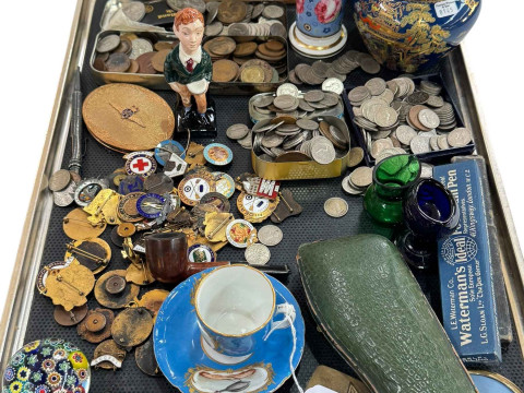 Carlton lustre vase and other china, collection of coins and badges, Millifiori...