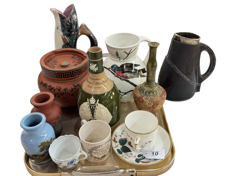 Copeland Spode Coronation bottle, Doulton Slaters vase, Royal Doulton Black Jack jug with silver rim, fish jug, Victorian pottery, etc.