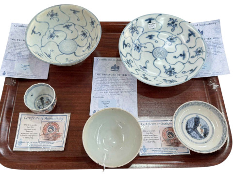 Three Tek Sing bowls, Japanese Imari saucer and tea bowl, all with certificates.