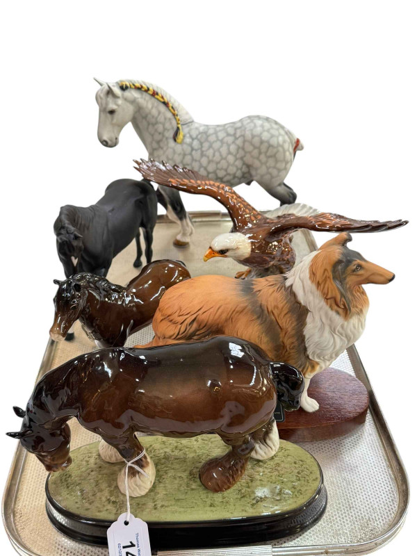 Beswick Shire Horse and two others, Royal Doulton horse, Beswick bald eagle and collie on plinth.