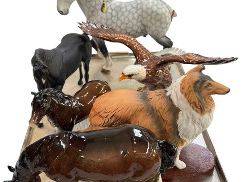 Beswick Shire Horse and two others, Royal Doulton horse, Beswick bald...
