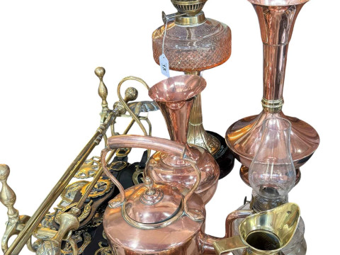 Victorian oil lamp with shade, two brass fire irons with dogs, copper...