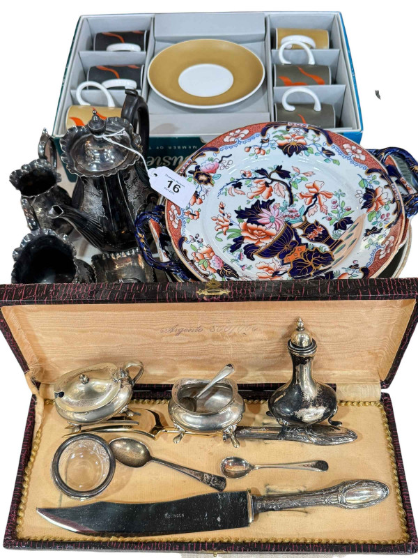Boxed Susie Cooper coffee cups and saucers, silver plated coffee set, cruet, Tonquin Ironstone dish and plate, etc.