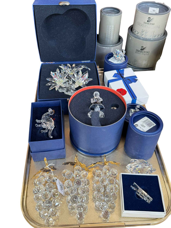 Boxed Swarovski crystal including Dinosaur, Little Red Riding Hood, Maxiflower, Swans, three Grape Bunches, etc.
