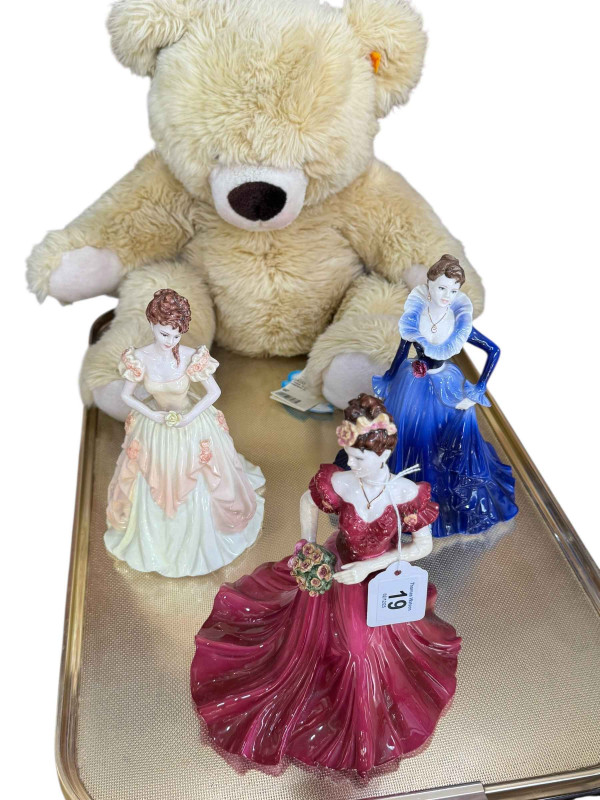 Steiff teddy bear and three Coalport ladies, Jenny. Karen and Anne.