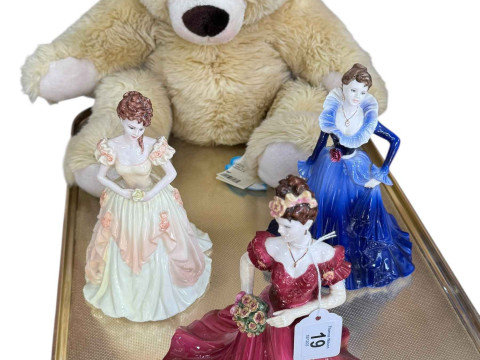 Steiff teddy bear and three Coalport ladies, Jenny. Karen and Anne.