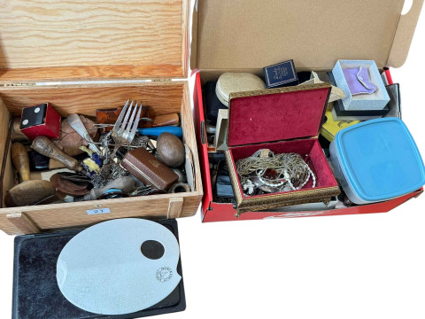 Two boxes of costume jewellery, etc.