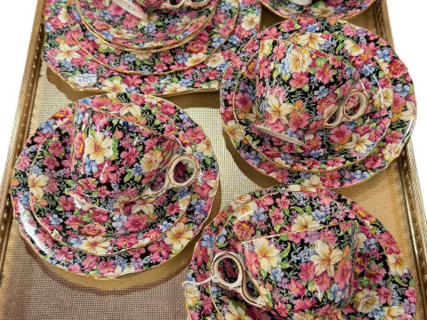 Set of five Royal Winton Chintz pattern cups and saucers, and sandwich...