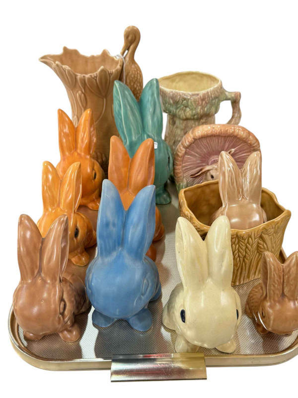 Sylvac Rabbits, two jugs and two flower holders.