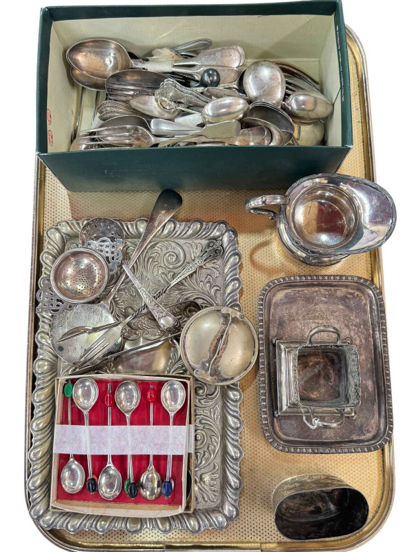 Collection of silver plate including cutlery, tray, etc.