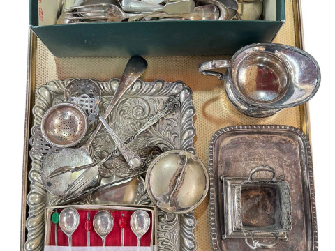 Collection of silver plate including cutlery, tray, etc.