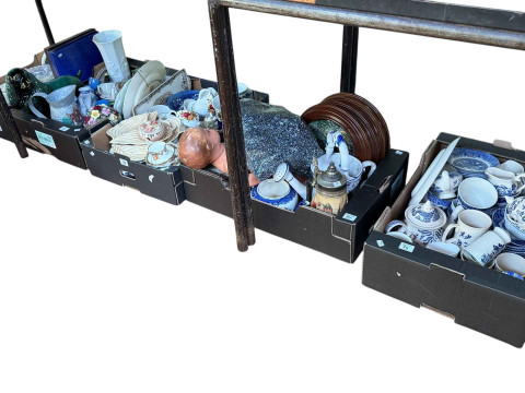 Five boxes of blue and white and other china, collectors plates, doll,...