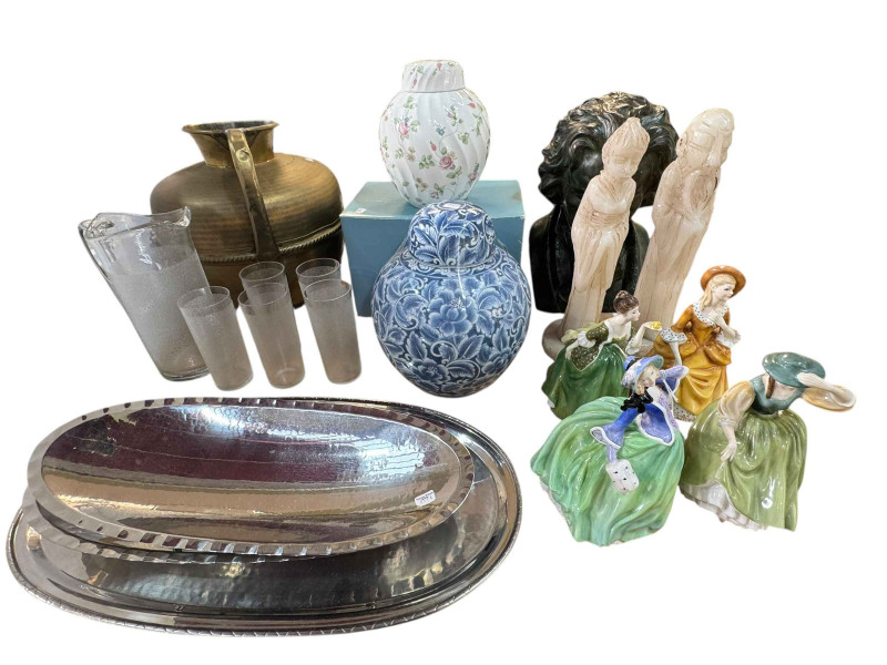 Pair of alabaster figure lamp bases, bust, large brass vessel, two ginger jars, four Royal Doulton ladies, etc.