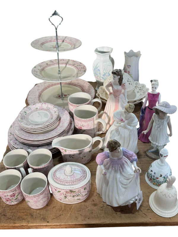 Johnson Bros Rose Damask tea and coffee ware, two Royal Doulton, two Coalport and Nao figures, etc.