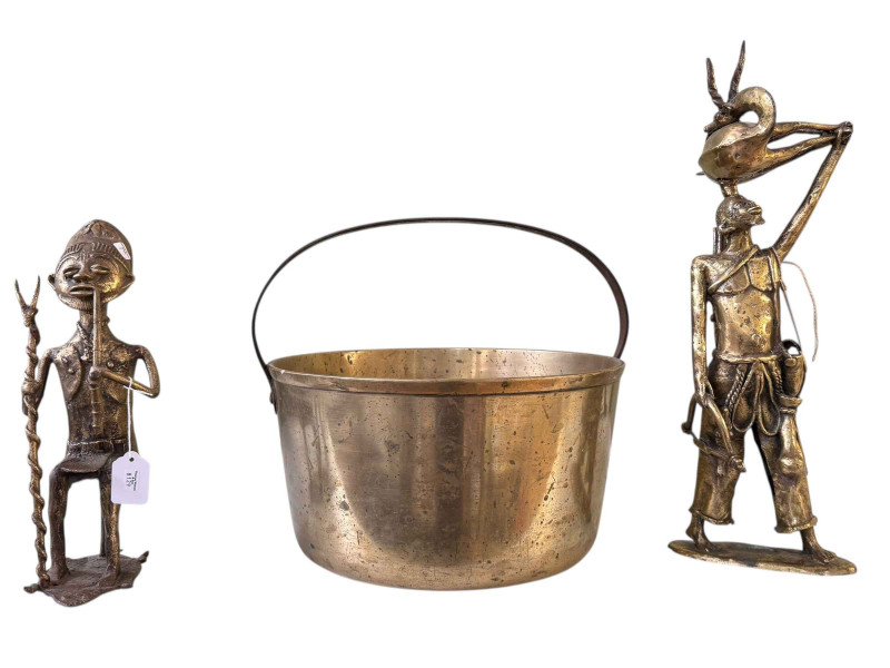 Two West African tribal art brass figures and large Victorian brass jam pan.