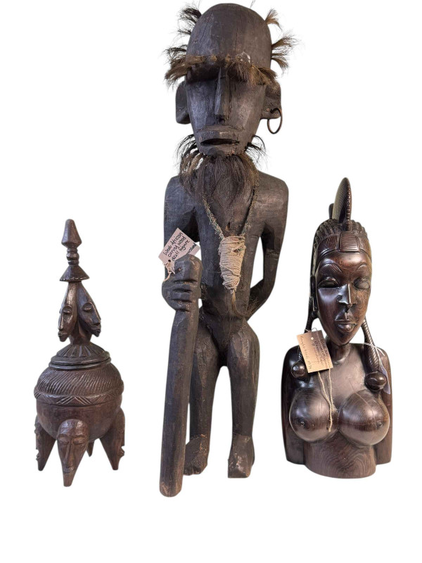 West African tribal art ebony bust of a woman and devil figure from Mali and a ritual vessel, tallest 75cm (3).