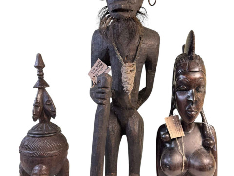 West African tribal art ebony bust of a woman and devil figure from Mali...
