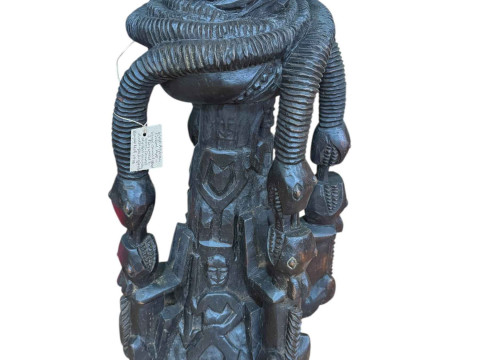 West African tribal art large carved wood three tier vessel and cover, carved and stylised with snakes, antelopes and lizards from Mali, 160cm. thumbnail