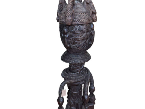 West African tribal art large carved wood three tier vessel and cover,...