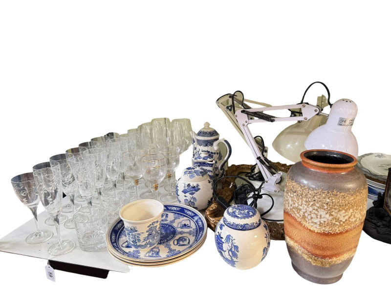 Two angle poise lamps, gilt mirror, German vase, Ringtons blue and white and assorted glass.