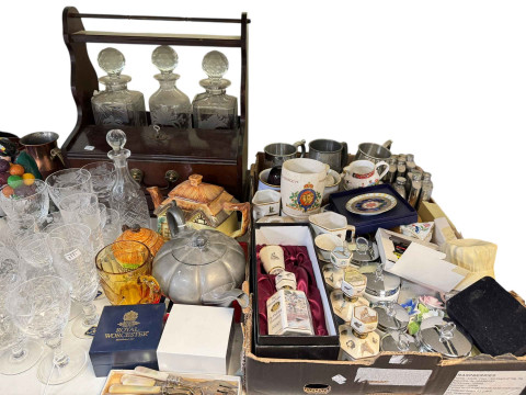 Collection of assorted glass and china including Royal Doulton The Old Balloon Seller, two Hummel figures, hip flasks, three bottle tantalus, etc. thumbnail