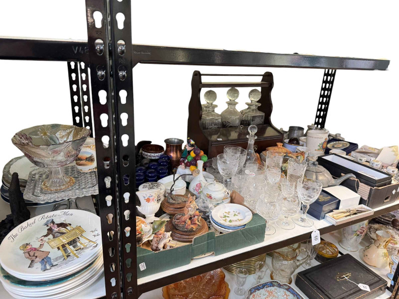 Collection of assorted glass and china including Royal Doulton The Old Balloon Seller, two Hummel figures, hip flasks, three bottle tantalus, etc.