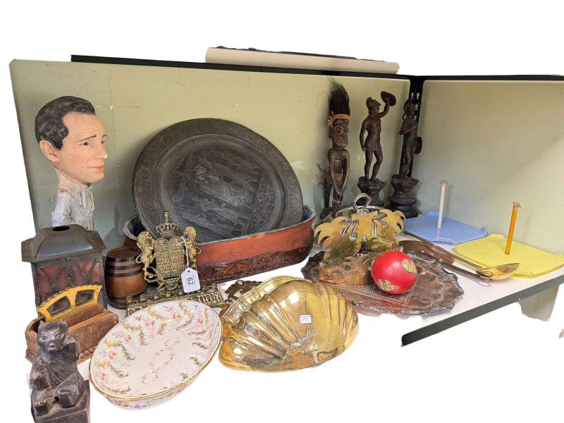 Assorted metalwares including pair of spelter figures, Victorian brass wall pockets, tureen, carved tribal figure, stoneware fish dish, etc.