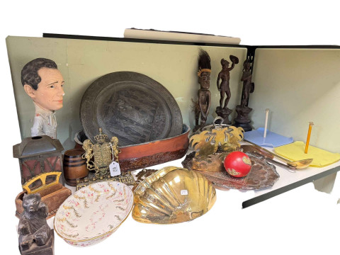 Assorted metalwares including pair of spelter figures, Victorian brass...