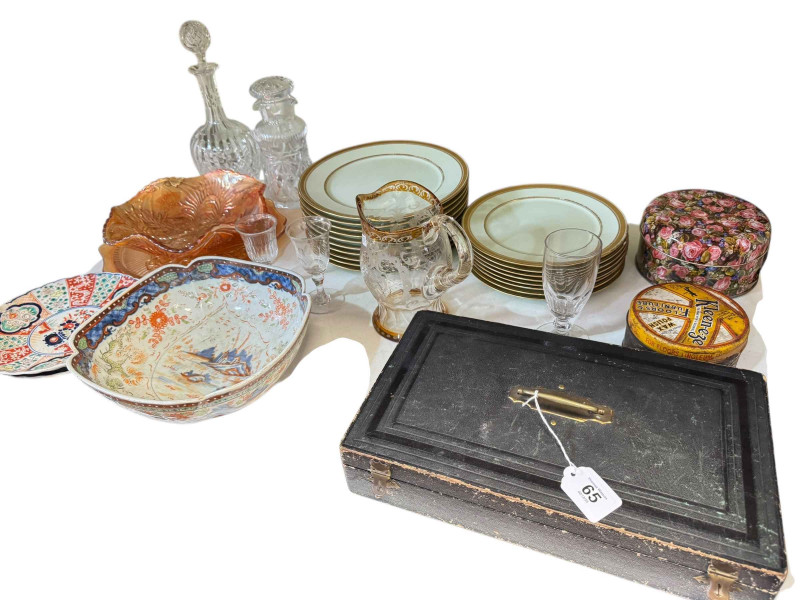 Two pieces of Carnival glass, decanter and other glass, Imari pattern plates, Chinese bowl, cutlery, etc.