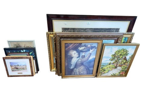 Eleven boxes of glass, china, books, pictures, wall clock and collectables. thumbnail