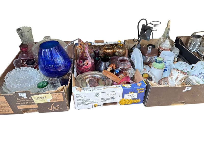 Eleven boxes of glass, china, books, pictures, wall clock and collectables.